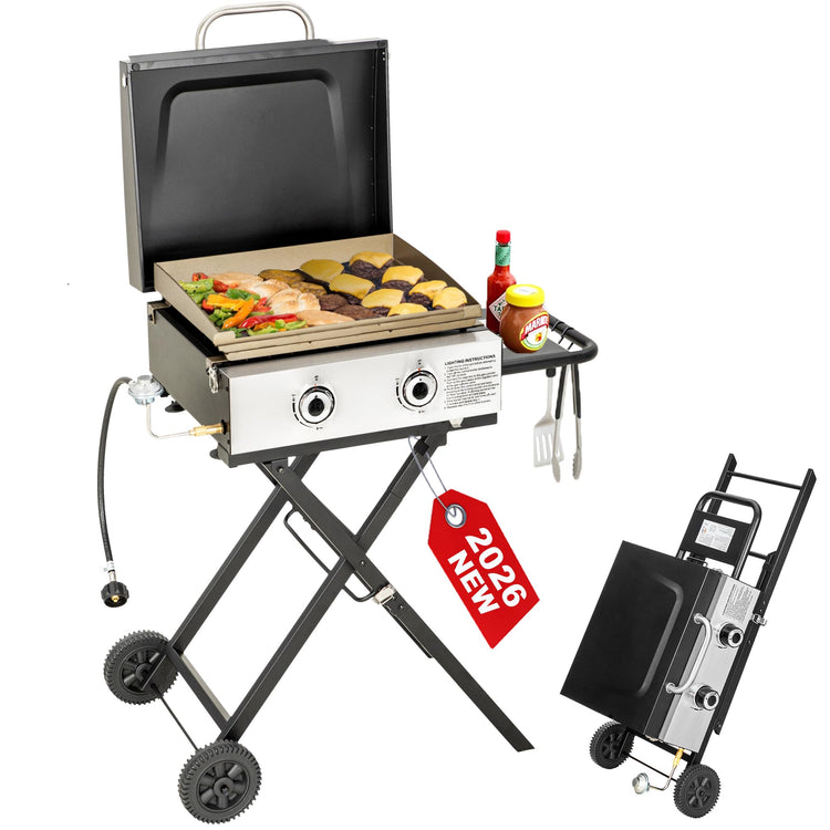 2 Burner BBQ Propane Gas Griddle with Collapsible Stand for Outdoor Cooking