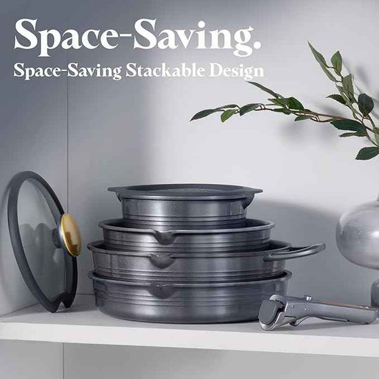 CAROTE 17Pcs Titanium Pots and Pans Set, Cookware Set Nonstick, Kitchen Cooking Set with Detachable Handle, RV/Camping Cookware, Dishwasher/Oven Safe, Grey