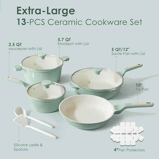 SENSARTE Nonstick Ceramic Cookware Set Large 13-Piece, Healthy Pots and Pans Set Dishwasher Safe, Non-toxic Kitchen Cooking Set with Stay-Cool Handles, Induction Compatible, PFAS Free, Green