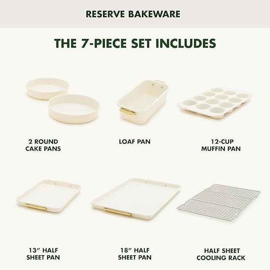 GreenPan Bakeware Set, 7 Piece Nonstick Ceramic Gold Handle Baking Sheets, Cake Pans, Loaf Pan, Muffin Tin, Cooling Rack, PFAS & BPA Free, Freezer to Oven Dish, Bake & Roast Ovenware, Cream