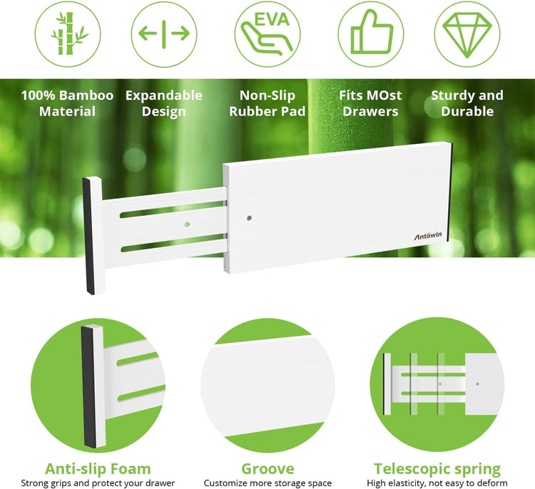 ANTOWIN 4 Pack Expandable Drawer Dividers, 4.7'' High, Extend from 12.2'' to 17.7'', Dresser Drawer Organizers, Bamboo Separators for Kitchen, Bedroom, Office, Bathroom (White)