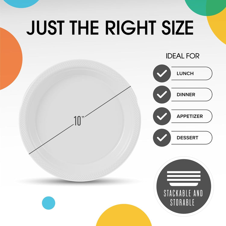 Exquisite Party Solids White Plastic Plates For Party 10" White Disposable Plates Heavy Duty Supplies 100 Pcs Plastic Dinnerware Sets Heavy Duty 350 GSM Disposable Dinnerware Set