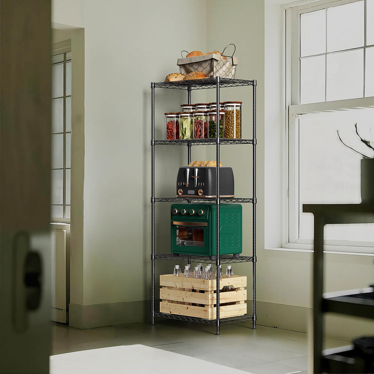 1250 lbs 5 Tier Shelf Metal Storage Shelves Wire Rack Closet Organizers with Wheel for Garage Kitchen Bathroom Laundry Black 13.7" D x 23.6" W x 62.4" H (5 Count)