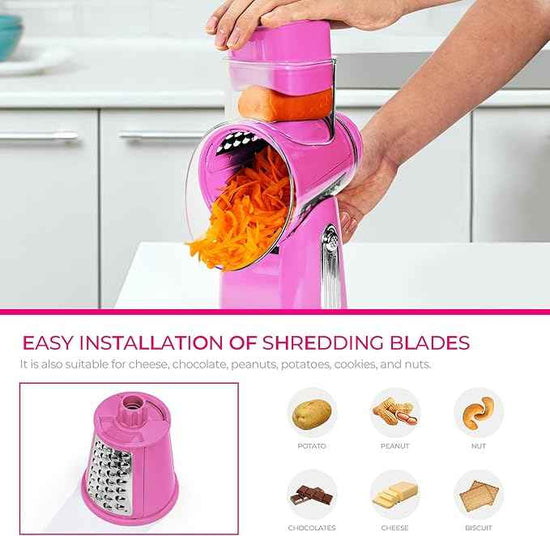 SUSTEAS Rotary Cheese Grater with Handle - Vegetable Shredder with 5 Well-designed Blades & Strong Suction Base,Round Mandoline Slicer & Food Chopper for Kitchen,with Blade Storage Box(Pink)