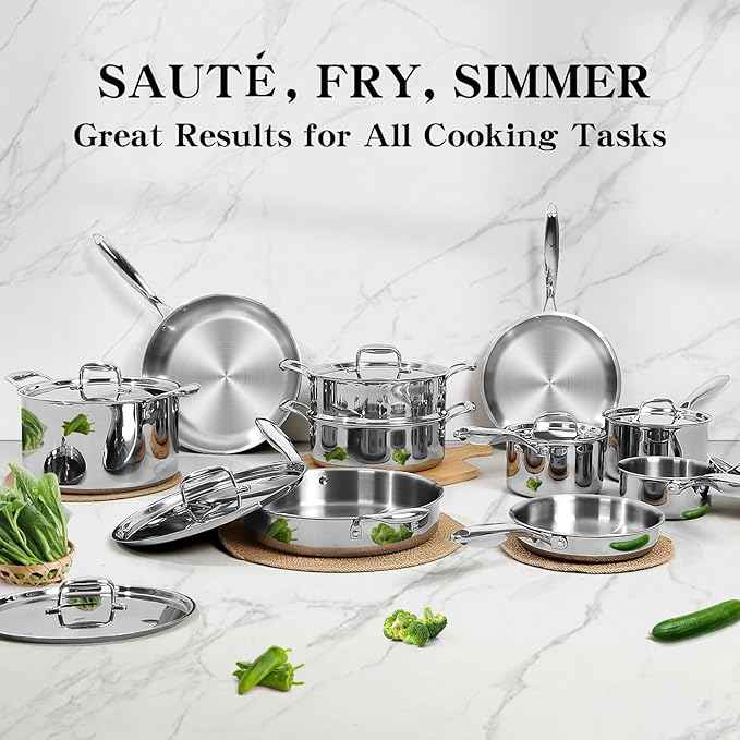 EWFEN Stainless Steel Cookware Set, 3 Ply 17 Piece Stainless Steel Pot and Pan Set, Oven Dishwasher Safe | Induction Compatible Frying Pans, Saucepans, Saute Pan & Stock Pot, PFOA, PTFE & PFOS Free
