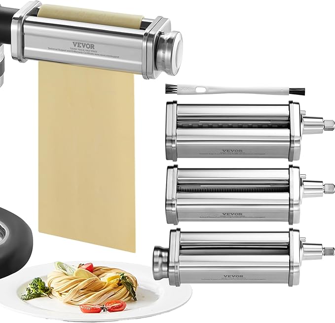 VEVOR Pasta Attachment for KitchenAid Stand Mixer, Stainless Steel Pasta Maker Attachment Includes Pasta Sheet Roller, Spaghetti Cutter, Fettuccine Cutter, 8 Adjustable Thickness Knob Pasta Maker 3Pcs