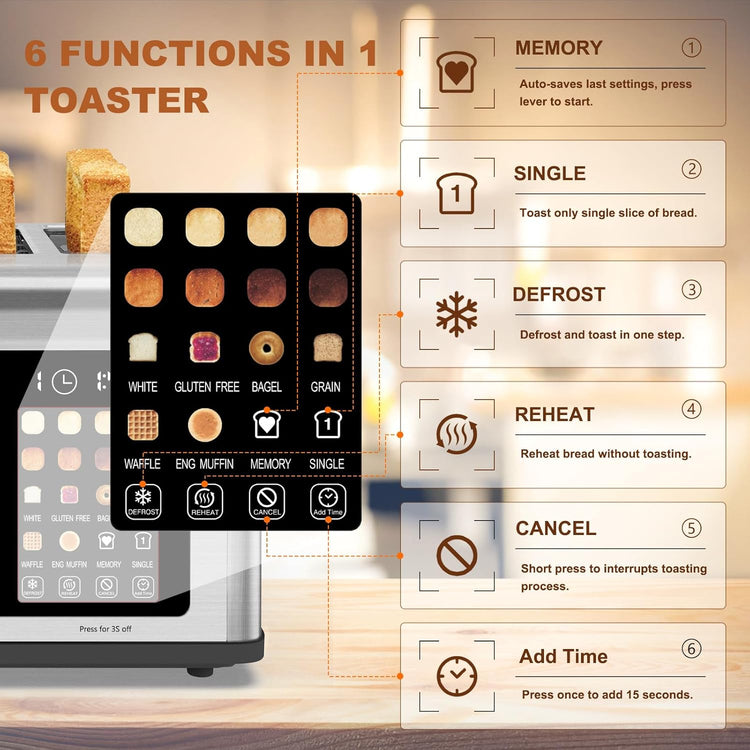 4 Slice Toaster Touch Screen, Stainless Steel Toasters Digital Timer, Dual Control Panel Toasters, 8 Shade Settings 6 Bread Types for Bagel, Cancel, Defrost 1650W