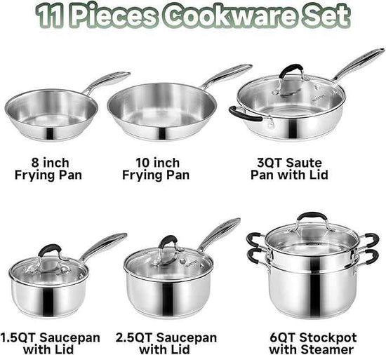Stainless Steel Kitchen Cookware Set,11 Piece Pots and Pans Set with Steamer,Heat-resistant Handle,Non-Toxic,Induction,Oven,Dishwasher Safe