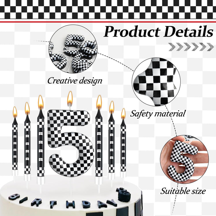 13 Pcs Racing Cars Themed Birthday Candles Black and White Race Number 5 Checkered Candle Cake Topper for Racing Car Party Decoration Supplies (13 Count)