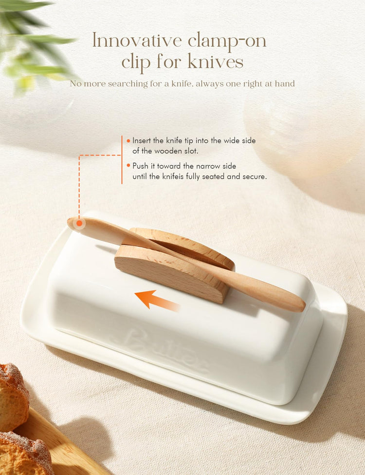 Butter Dish with Lid and Knife Ceramic Butter Holder for Counter Humanized Clamp