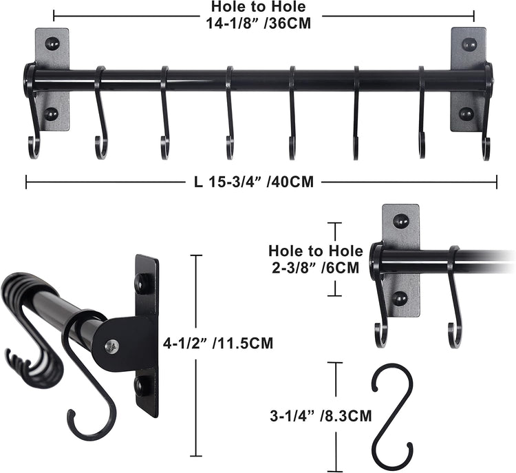 Dseap Kitchen Utensil Holder Hanger, Pot and Pan Rack Wall Mounted, Kitchen Rail with 8 Hooks for Hanging Cooking Utensils, Mugs, Spoons, Wall Mounted, Black