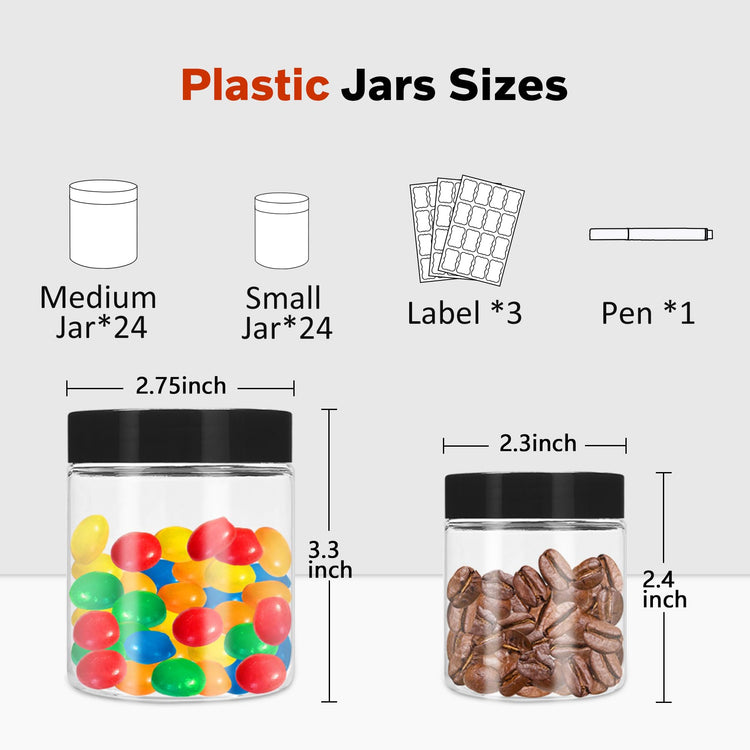 Plastic Jars with Lids 48 Pcs 8 oz & 3.4 oz Clear Plastic Slime Storage Jars Containers with Airtight Black Screw On Lids Cylinder Clear Round Jar Easy Clean Food Grade Durable Jar (48 Count)