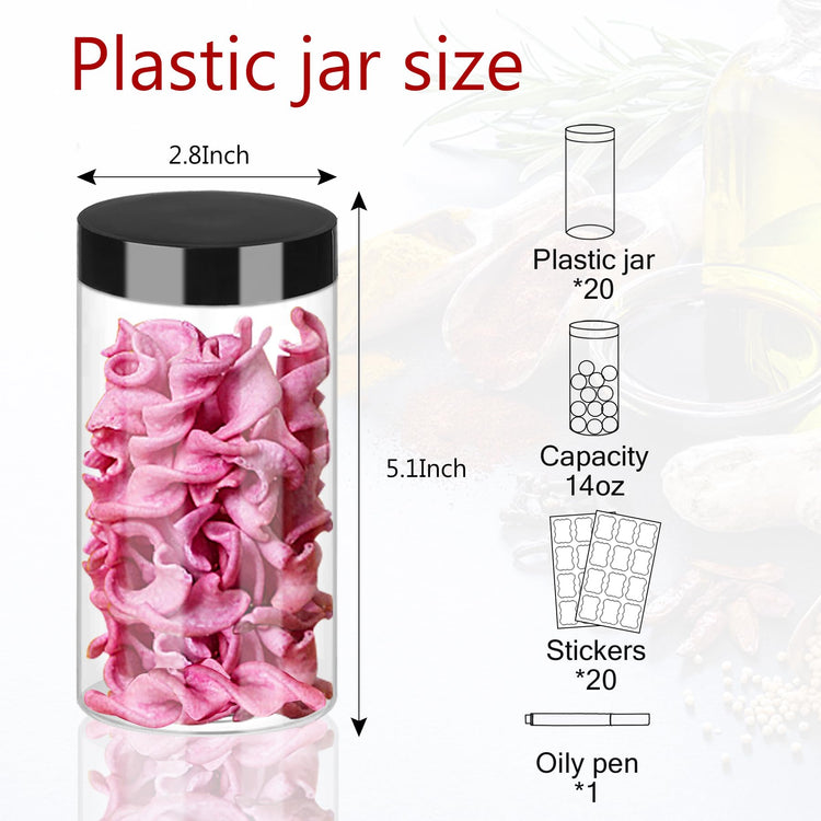Plastic Jars with Lids 20Pcs 14 oz Clear Plastic Slime Storage Jars Containers with Airtight Leak Proof Black Plastic Screw On Lids Cylinder Clear Round Jar Food Grade Durable PET Jar (20 Count)