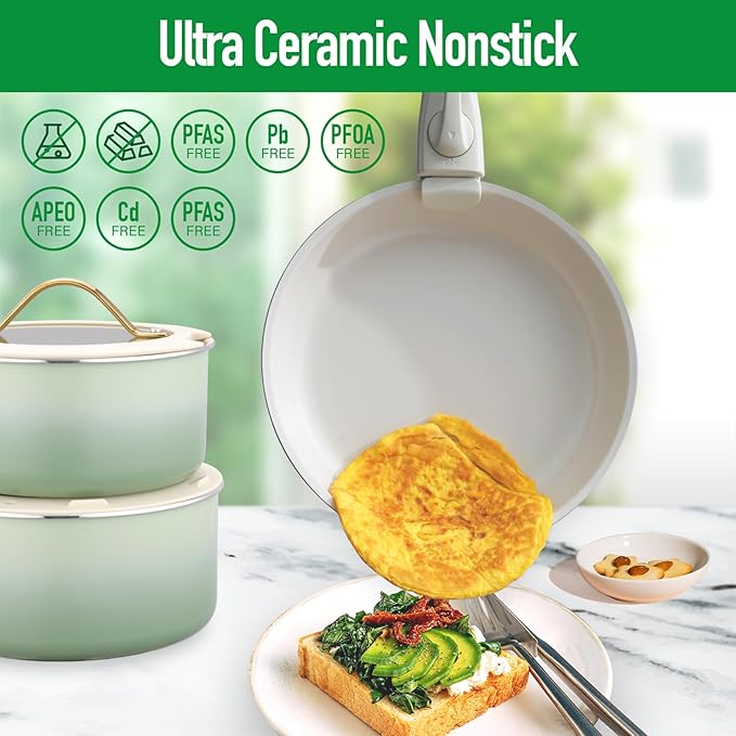 ONGIFT 20pcs Ceramic Cookware Set Nonstick, Detachable Handle Pots and Pans Set, Non Toxic,No PFAS & PTFE & PFOA, Dishwasher/Oven Safe, RV Kitchen Set Removable Handle for Cooking, Green