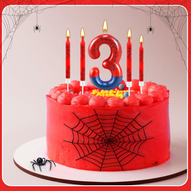 13 Pcs Spider Themed Birthday Candle Set Red Spider Theme Number 3 Candle Cake Topper for Boys Girls Birthday Decoration Spider Party Decoration Supplies (13 Count)