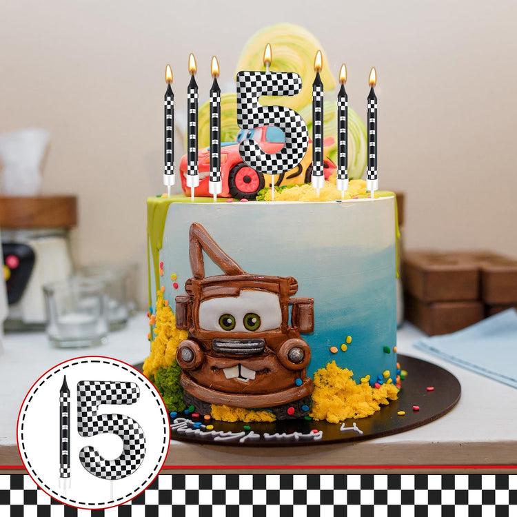 13 Pcs Racing Cars Themed Birthday Candles Black and White Race Number 5 Checkered Candle Cake Topper for Racing Car Party Decoration Supplies (13 Count)