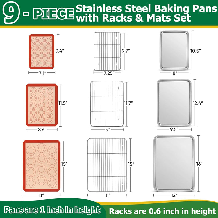 TeamFar Baking Sheet Set - Stainless Steel Baking Sheet Pan with Cooling Rack & Silicone Baking Mat, 10.5/12.5/16inch Cookies Sheets for Oven Baking (3 Sheets + 3 Racks + 3 Mats), Easy Clean