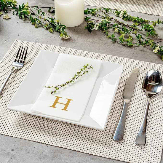 Luxenap 15.8 X 7.9 Inch Linen-Feel Guest Towels, 50 Lettered Hand Towels - Gold Letter 'H', Sans Serif Font, White Paper Dinner Napkins, airlaid, For Restrooms And Tables - Restaurantware