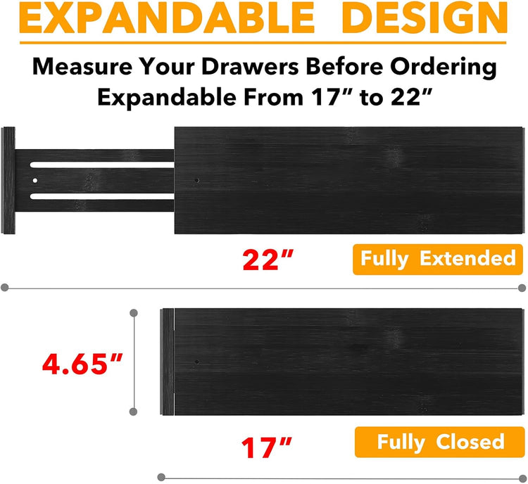 SpaceAid Bamboo Dresser Drawer Dividers 6 Pack, 4.65“ High Adjustable 17“-22” Drawer Organizers, Expandable Organization for Clothing, Clothes, Dressers, Black