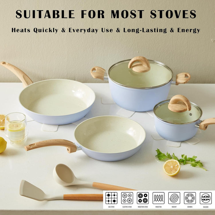 Blue Non Stick Pots and Pans Set, Healthy Ceramic Cookware Set, 12pcs Kitchen Cooking Pots and Frying Sauce Saute Pans Set, PFAS-Free with Kitchen Utensils and Lid