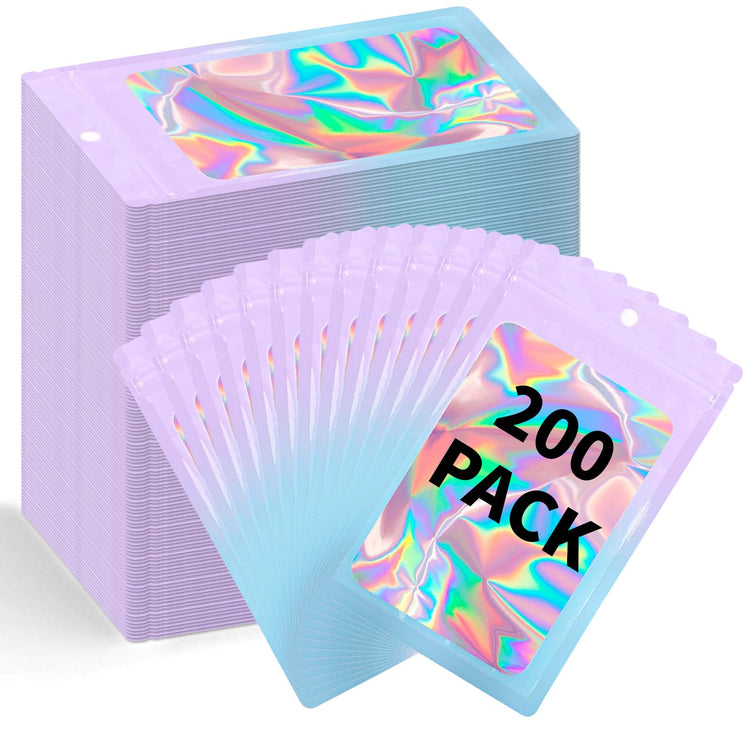 200 Pack Resealable Mylar Holographic Bags Food Storage Smell Proof Bags with Front Window Foil Packaging Pouch for Candy Sample Jewelry Small Business 4.13×5.91 Inch (200 Count)