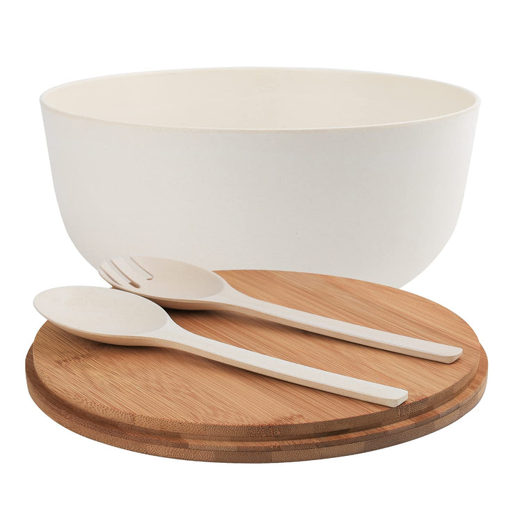 Bamboo Fiber Salad Bowl with Servers Set Large 9.8inches Nature Bamboo Mixing Bowl with Servers with Lid Spoon and Fork for Fruits