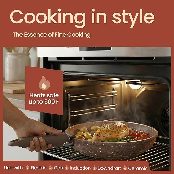 Bakken 17-Piece Ceramic Coated Aluminum Cookware Set, Nonstick Pots and Pans with Lids, Silicone Cooking Utensils & Oven Mitts, All Stovetop Safe Up To 500°F, PTFE & PFAS Free, Dishwasher Safe