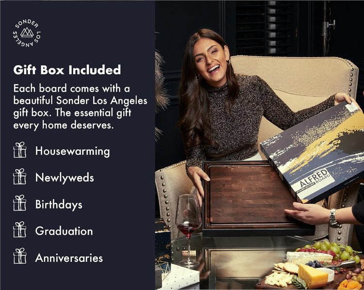 Sonder Los Angeles, Made in USA, Large Thick End Grain Walnut Wood Cutting Board with Non-Slip Feet, Juice Groove, Sorting Compartments for Kitchen 17x13x1.5 in (Gift Box Included)