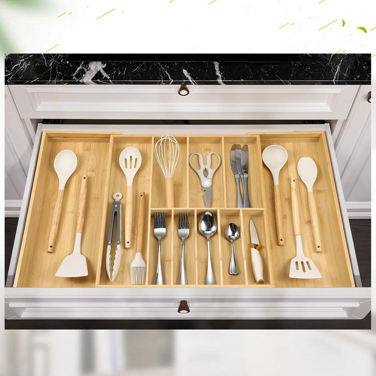 Fabsome Silverware Organizer for Cabinet Drawer, Expandable from 16.7'' to 30'' Wide Bamboo Wood Flatware Tray for Large Kitchen Drawers, Cutlery Utensil Holder
