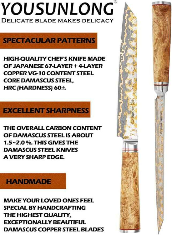 YOUSUNLONG Sujihiki Slicing Knife - 8 Inch Sashimi Sushi Knife - Handmade CuMai Copper Damascus Steel - Japanese Yanagiba Carving Knives Ultra Sharp - Naturel Burl Wooden Handle with Leather