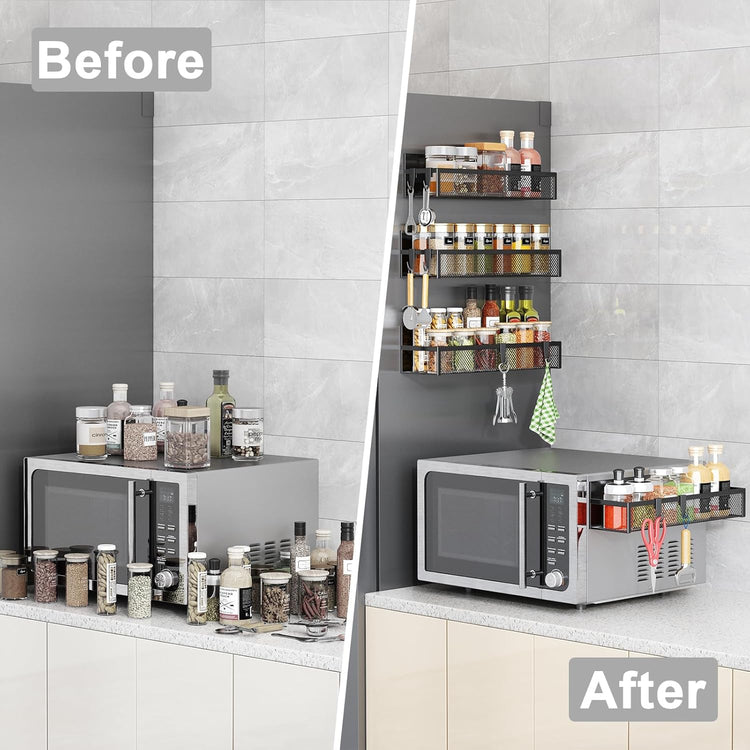 Magnetic Spice Rack for Refrigerator, 5 Pack Magnetic Shelf, Moveable Magnetic Fridge Organizer with an 8-Hook Rack, Seasoning Organizer for Kitchen Organization (Extra with 8 Hooks)