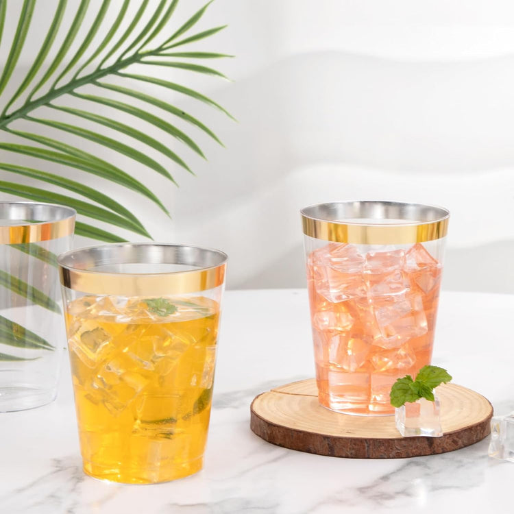I00000 100PCS Gold Plastic Cups,10 oz Clear Plastic Cups with Gold Trim, Gold Plastic Beer Mugs，Disposable Hard Plastic Cups For Party, Premium Gold Rimmed Plastic Cups Perfect for Wedding & Party