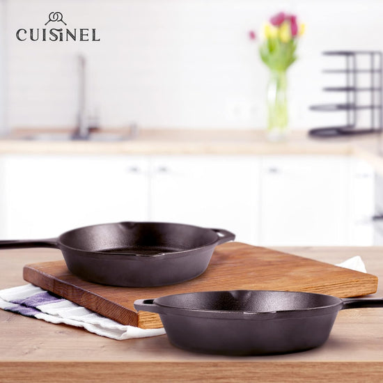 Cuisinel Cast Iron Skillets Set - 10" + 12"-Inch Pre-Seasoned Frying Pans + Removable Silicone Handle Holder Grips + Pan Scraper - Oven-Safe Cookware Kit + Accessories + Handle Helper - Nestoria