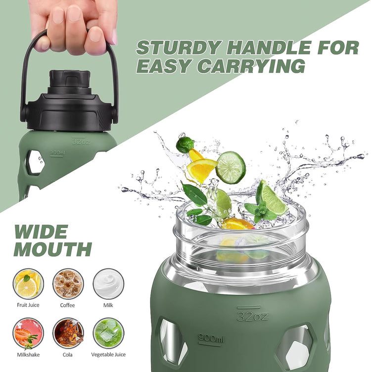 MUKOKO Glass Water Bottles, 32oz Glass Tumbler with Straw, Drinking Bottles with 2 Lids-Handle Spout Lid&Bamboo Straw Lid, Motivational Water Bottle with Time Marker and Silicone Sleeve, 1 Pack-Olive