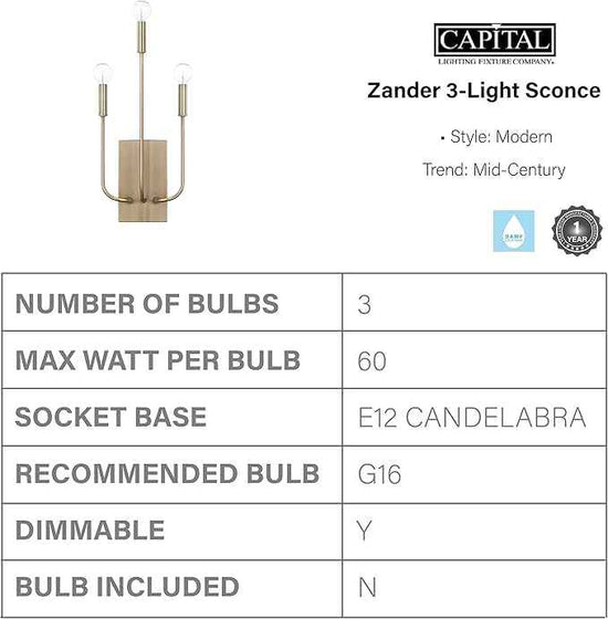 Capital Lighting 621931AD Zander Modern ADA Compliant Organic Wall Sconce, 3-Light 180 Total Watts, 20" H x 9" W, Aged Brass