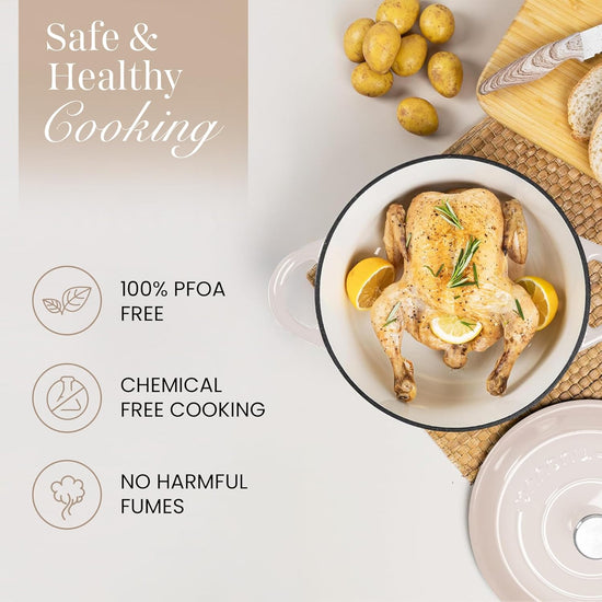 Nuovva Enamelled Cast Iron Dutch Oven Pot with Lid 6.4 Quart Non Stick Casserole Pot – Heavy Duty & Oven Safe up to 500° F for Bread Baking, Braising, Stews, Roasting – 28cm Oyster - Nestoria