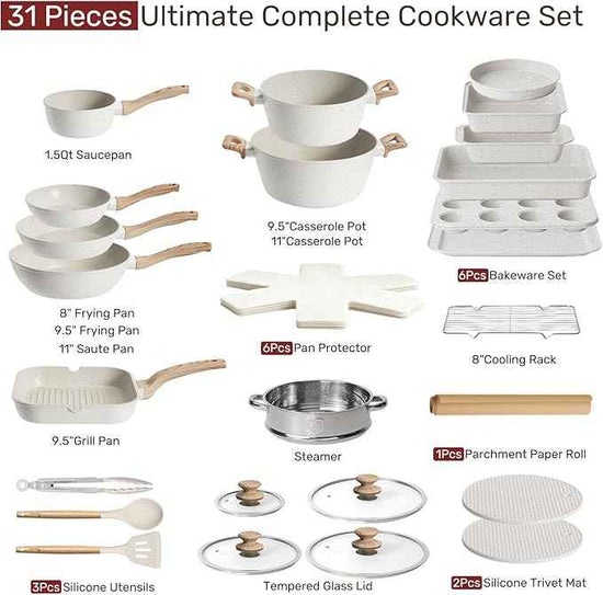 Kikcoin Pots and Pans Set Non Stick 31 Piece Kitchen Nonstick Cooking Cookware Sets with Grill Pan Saucepan Baking Sheet Utensil, Cream White