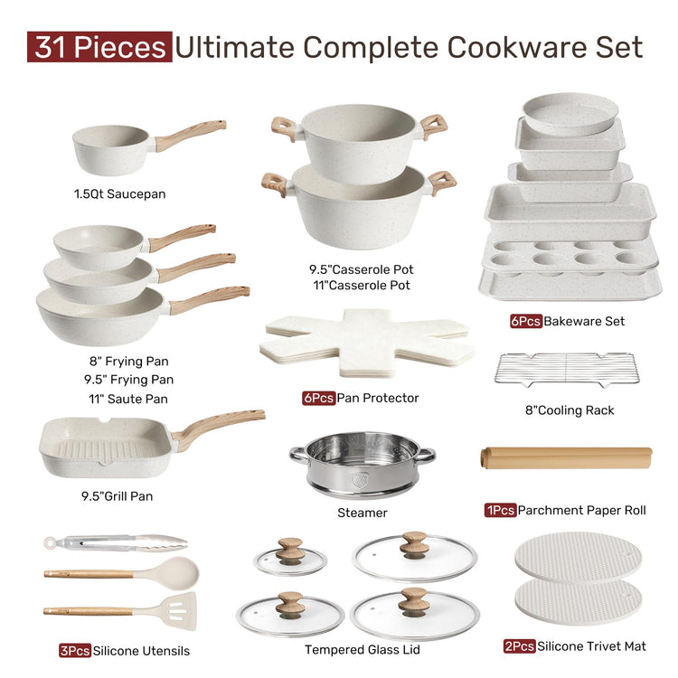 Pots and Pans Set Non Stick 31 Piece Kitchen Nonstick Cooking Cookware Sets with Grill Pan Saucepan Baking Sheet Utensil