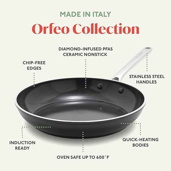 Orfeo 11” Nonstick Frying Pan, Made in Italy, Diamond Ceramic PFAS-Free Cookware, Induction Ready, Scratch Resistant, Laser-Fused Surface for Durability, Dishwasher Safe, Black