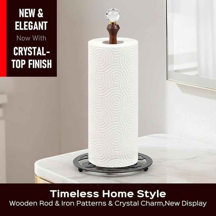 Wooden Countertop Paper Towel Holder,Iron Base with Die-Cast Pattern, Solid Wood Rod & Crystal Finial Top,Slow Reveal Artistry, Stable&Durable, Easy Install - Elevates Kitchen Décor(Black)