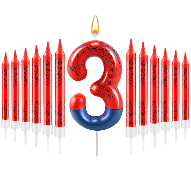 13 Pcs Spider Themed Birthday Candle Set Red Spider Theme Number 3 Candle Cake Topper for Boys Girls Birthday Decoration Spider Party Decoration Supplies (13 Count)