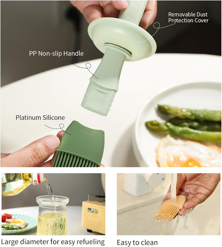 Oil Dispenser with Brush - Glass Olive Oil Dispenser for Kitchen, 3 IN 1 Oil Brush for Cooking with Bottle Silicone Basting Vinegar Sauce BBQ Grill Frying (Brown/Green)