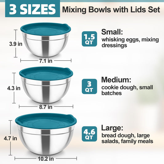 Mixing Bowls Stainless Steel Nesting Salad Bowls & Airtight Lids (3 Count)