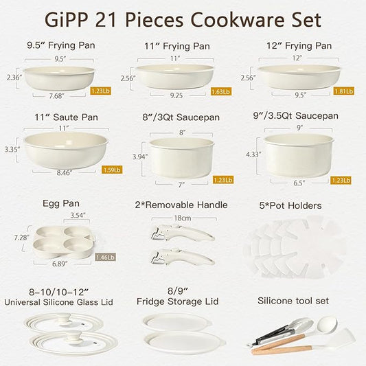 GiPP Ceramic Pots and Pans Set Non Stick, Nonstick Detachable Handle Cookware Sets, Healthy Non Toxic PFAS PFOA & PTFE Free, Dishwasher ＆Oven Safe, Induction Kitchen Pot and Pan, 21 Piece Cream