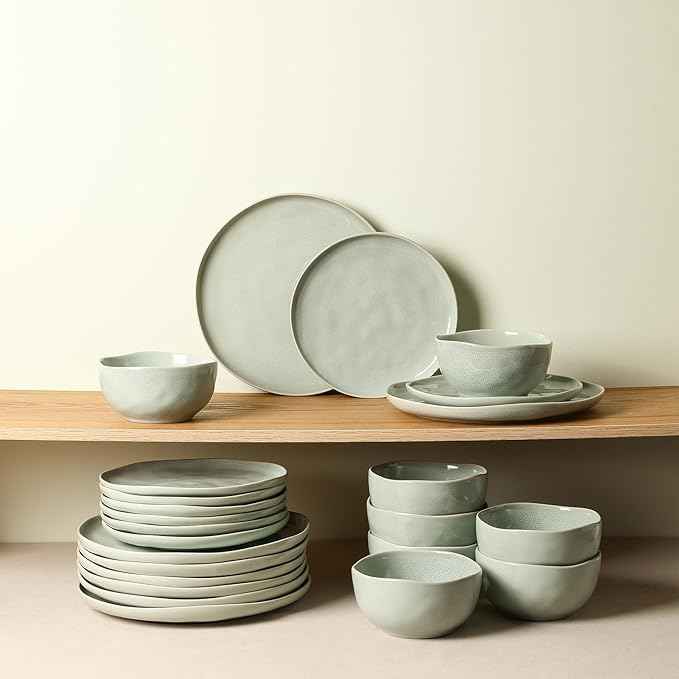 Stone Lain Mirella 24-Piece Dinnerware Set Stoneware, Plates and Bowls set, Microwave and Dishwasher Safe, Dish Set for 8, Light Green