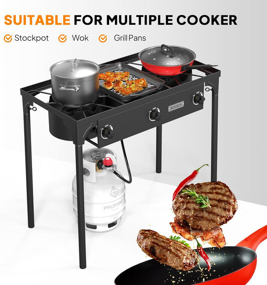 ROVSUN 3 Burner Propane Gas Stove, 225,000 BTU High Pressure Outdoor Camping Burner with CSA Listed Regulator, Picnic Cooker Perfect for Home Brewing Maple Syrup Patio Turkey Frying Canning - Nestoria