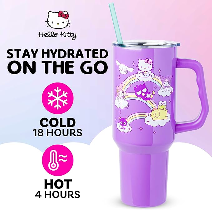 Silver Buffalo Sanrio Hello Kitty and Friends Featuring My Melody, Cinnamoroll, Kuromi, Chococat, Badtz-Maru, Keroppi, and Pompompurin Double Walled Stainless Steel Tumbler with Handle, 40 Ounces