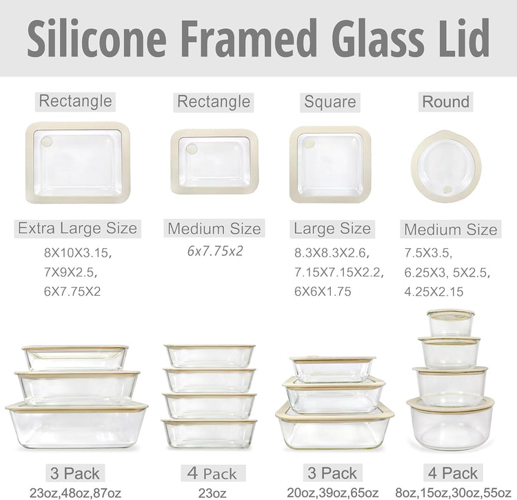Urban Green Glass Food Container Set with Silicone Glass Lid, 3 Pack, Airtight, LeakProof, 100% Plastic Free, Meal Prep Containers (White Color)