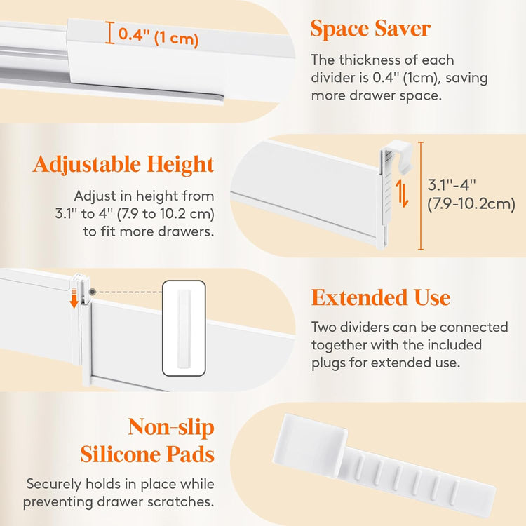 Lifewit Hanging Kitchen Drawer Dividers 3.1" High, 10-17" Adjustable Drawer Organizers for Utensils, Expandable Dresser Separators in Kitchen/Bedroom/Bathroom/Vanity/Office, White(4 Pack)