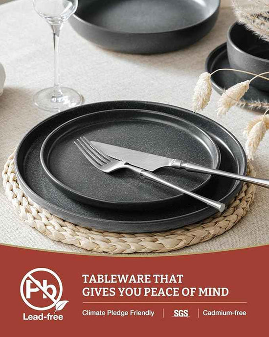 Famiware Milkyway Plates and Bowls Sets, 12 Pieces Dinnerware Sets, Reactive Glaze Dish Set, Stoneware Dishes Set for 4, Matte Dark Charcoal